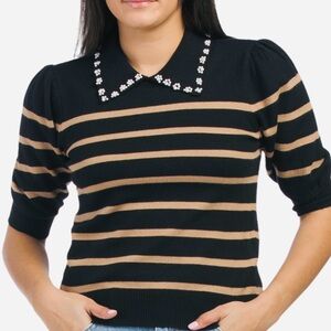 Laundry by Design Black and Tan Striped Sweater with Floral Collar